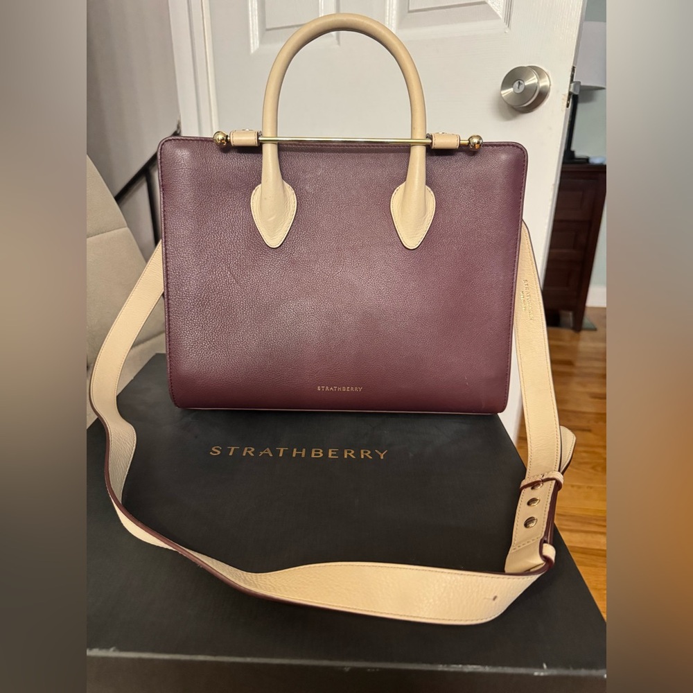Used Strathberry Midi Tote in Burgundy/Oat/Vanilla
